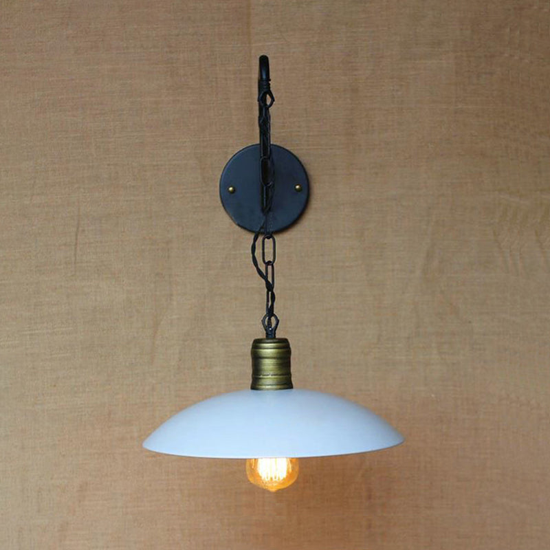 Vintage White Wall Lighting With Saucer Shade And Chain - Bedroom Light Fixture Metallic 1 Bulb