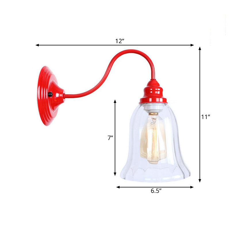 Industrial Red Sconce Light With Clear Textured Glass Bell Shade