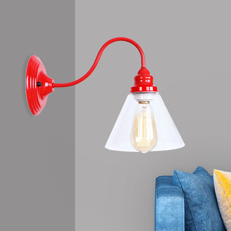 Industrial Red Bedroom Sconce Lighting Fixture With Clear Glass Cone Shade