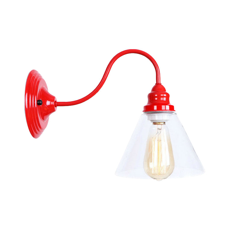 Industrial Red Bedroom Sconce Lighting Fixture With Clear Glass Cone Shade