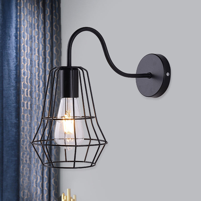 Retro Style Gooseneck Wall Sconce With Cage Shade In Black Finish For Living Room