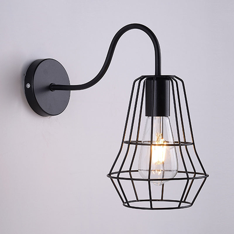 Retro Style Gooseneck Wall Sconce With Cage Shade In Black Finish For Living Room