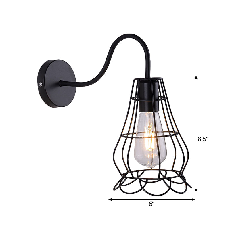 Retro Style Metallic Black Sconce Light With Wire Cage Shade - Bedside Wall Mount