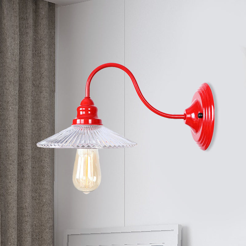 Red Ribbed Glass Wall Mounted Industrial Sconce Lamp - Bedroom Lighting With Single Bulb Clear