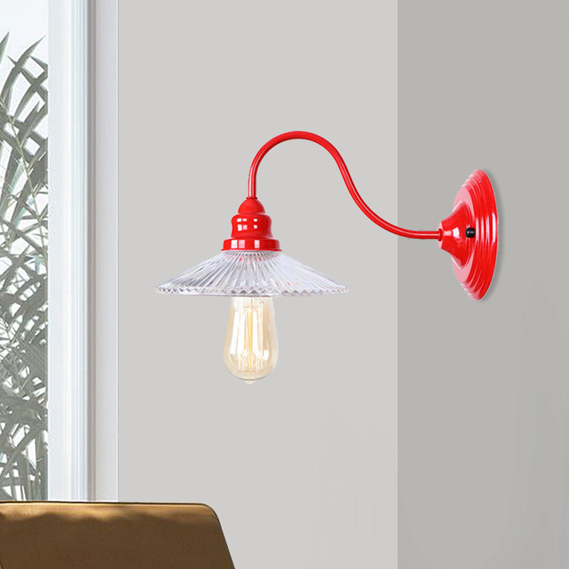Red Ribbed Glass Wall Mounted Industrial Sconce Lamp - Bedroom Lighting With Single Bulb