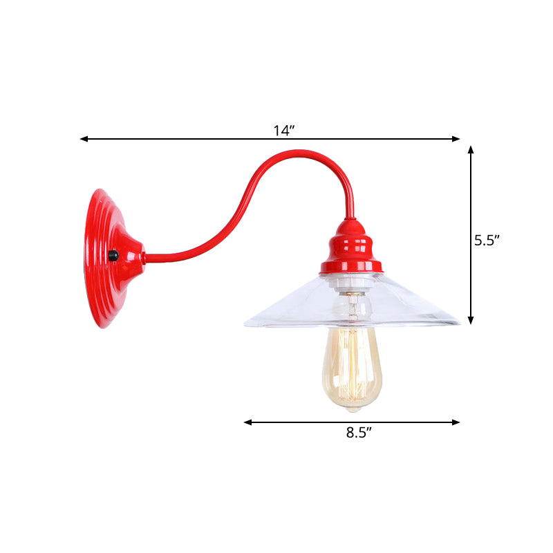 Industrial Red Clear Glass Wall Mounted Light With Wide Flare Bulb And Curved Arm