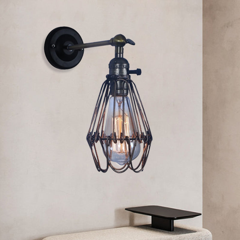 Rustic Cage Style Wall Lamp With 1 Light Wrought Iron Black - Ideal For Coffee Shops