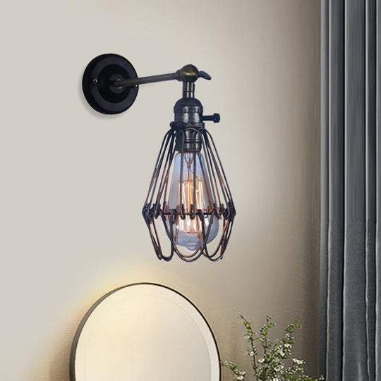 Rustic Cage Style Wall Lamp With 1 Light Wrought Iron Black - Ideal For Coffee Shops