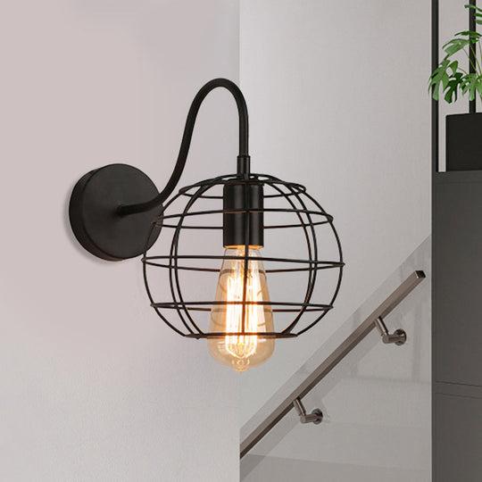 Industrial Stylish Globe Cage Wall Sconce - 1 Bulb Metal Light With Curved Arm Black Bedside
