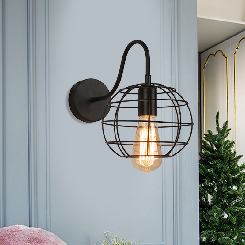 Industrial Stylish Globe Cage Wall Sconce - 1 Bulb Metal Light With Curved Arm Black Bedside
