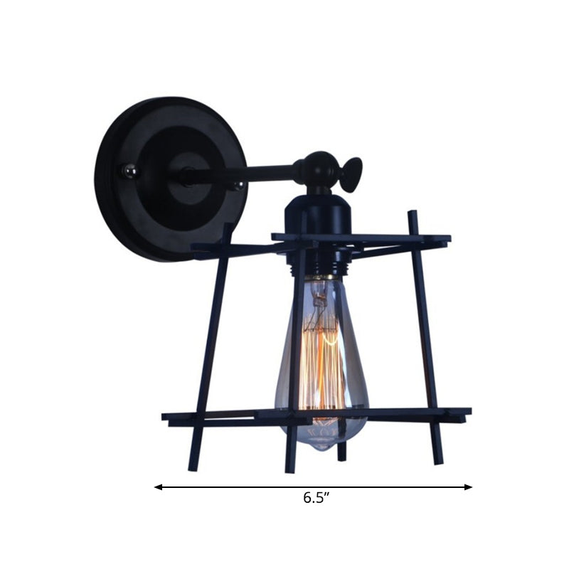 Retro Style Cubic Shade Metal Wall Sconce Lamp - 1 Head Light With Wire Guard In Black For Bedroom