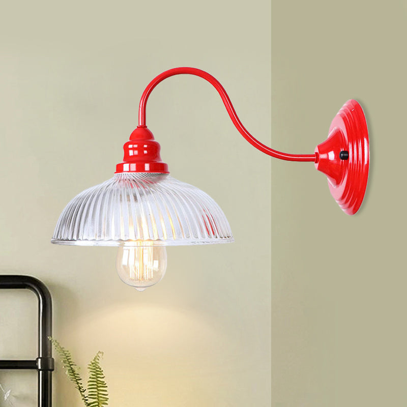 Red Dome Wall Sconce Light Fixture - Industrial Ribbed Glass 1 Living Room Lighting Clear