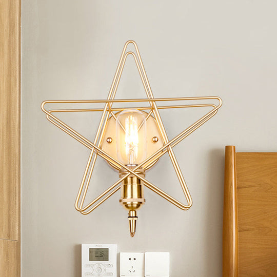 Metal Star-Caged Wall Lamp Sconce - Loft Style Bedroom Lighting (Black/Gold) Gold