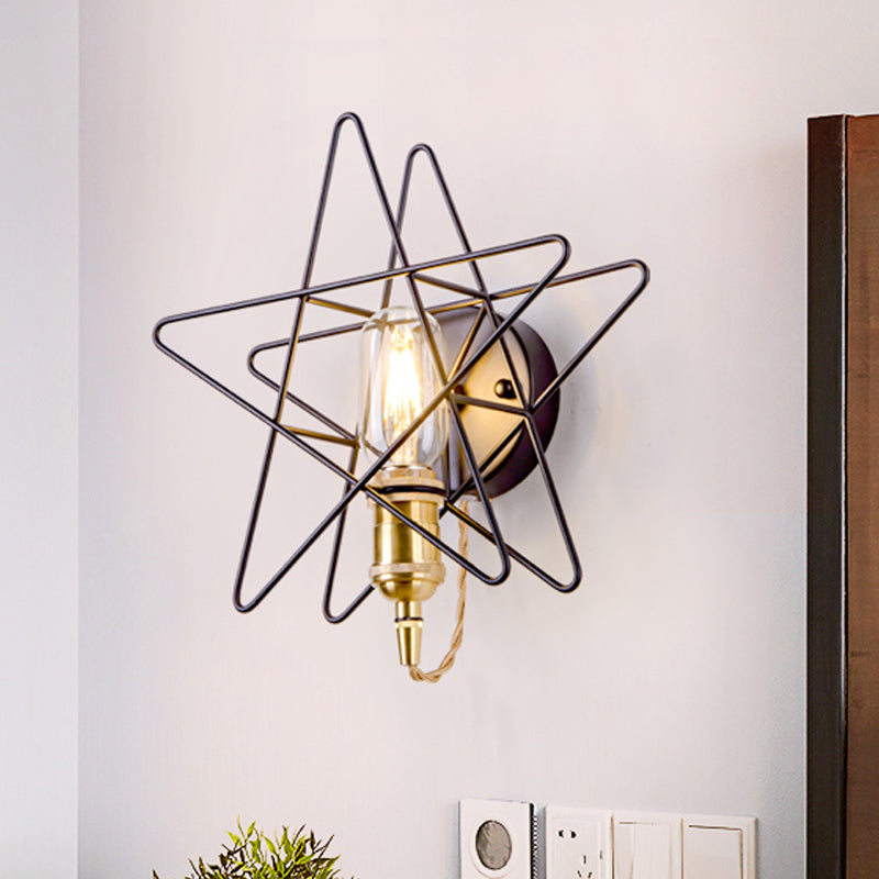 Metal Star-Caged Wall Lamp Sconce - Loft Style Bedroom Lighting (Black/Gold) Black