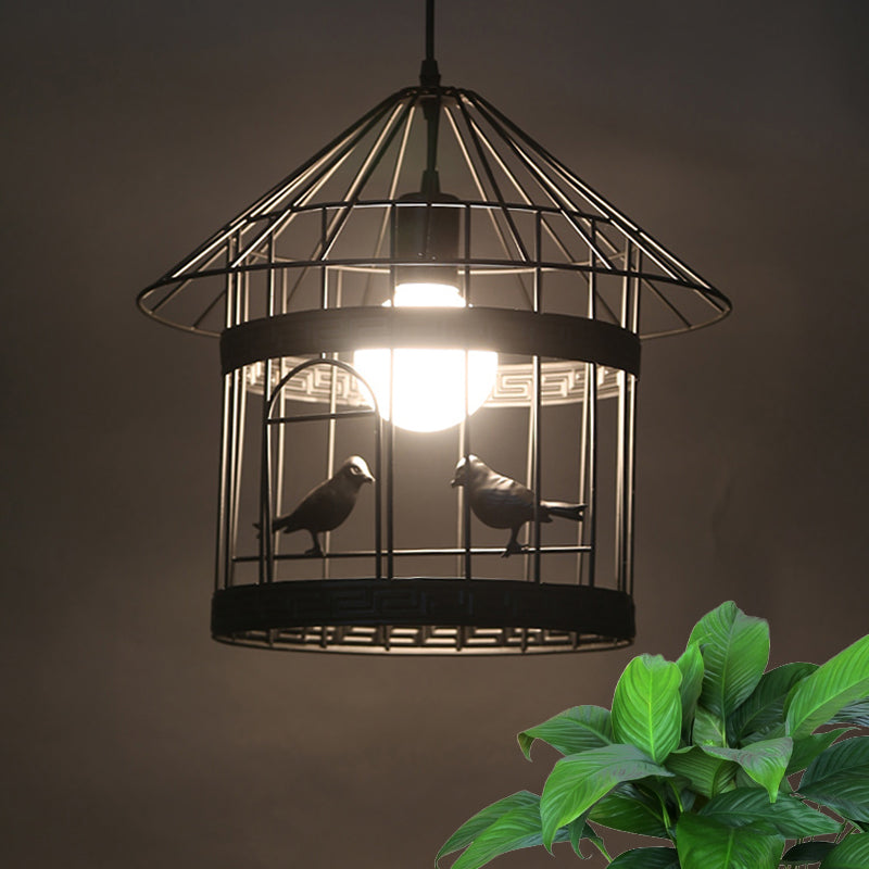 Rustic Birdcage Pendant Light With Bird Decoration - Black Metal 1 Head