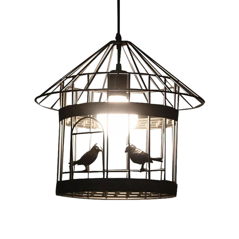 Rustic Birdcage Pendant Light With Bird Decoration - Black Metal 1 Head
