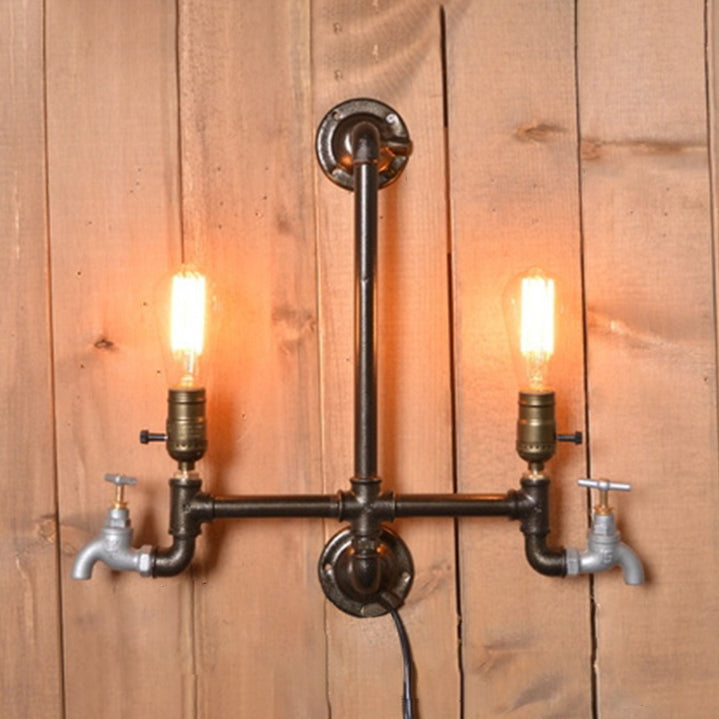 Rustic Wrought Iron Wall Sconce With Water Tap Design - 2 Bulb Restaurant Light In Black