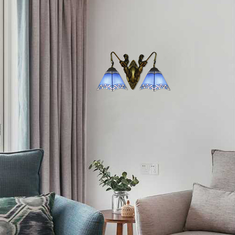 Mediterranean Antique Bronze Wall Sconce With Blue Glass 2-Head Pyramid Design