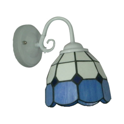 Tiffany Lattice White Wall Sconce With Blue Edge - Art Glass Lamp (1 Light) For Restaurants