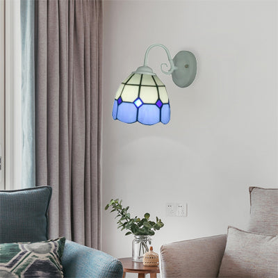 Tiffany Lattice White Wall Sconce With Blue Edge - Art Glass Lamp (1 Light) For Restaurants
