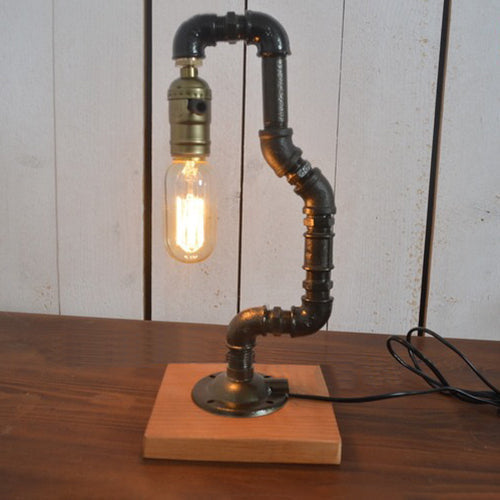 Antique Style Metallic Table Lamp With Wooden Base - Plumbing Pipe Bedroom Lighting Black