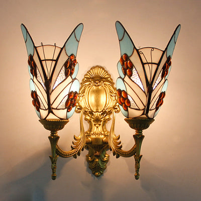 Rustic Butterfly Stained Glass Wall Mount Light - 2 Heads Ideal For Dining Room Brass