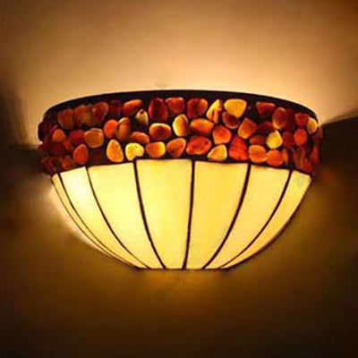 Retro Stained Glass Wall Sconce Lighting - 2-Light Bowl Mount For Corridor Red-White