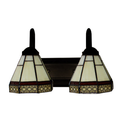 Beige Glass Tiffany Sconce With Conical Shade - Wall Mounted 2-Headed Black Light Fixture