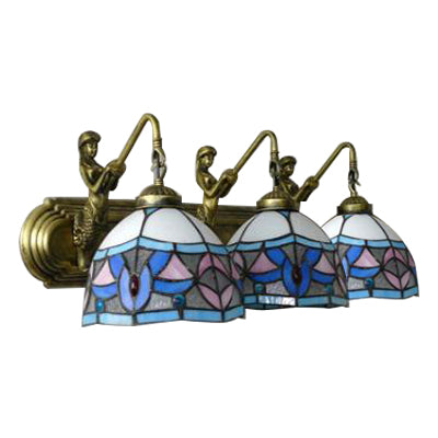 3-Head Mediterranean Blue-Pink Glass Wall Sconce For Elegant Living Rooms