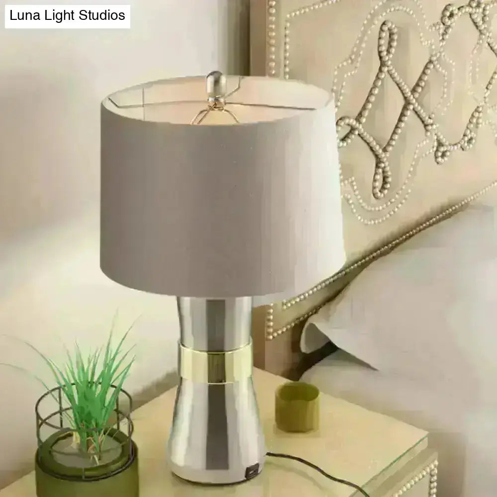 Monica - Contemporary Drum Shaped Table Lamp: Fabric Shade, Nickel Finish