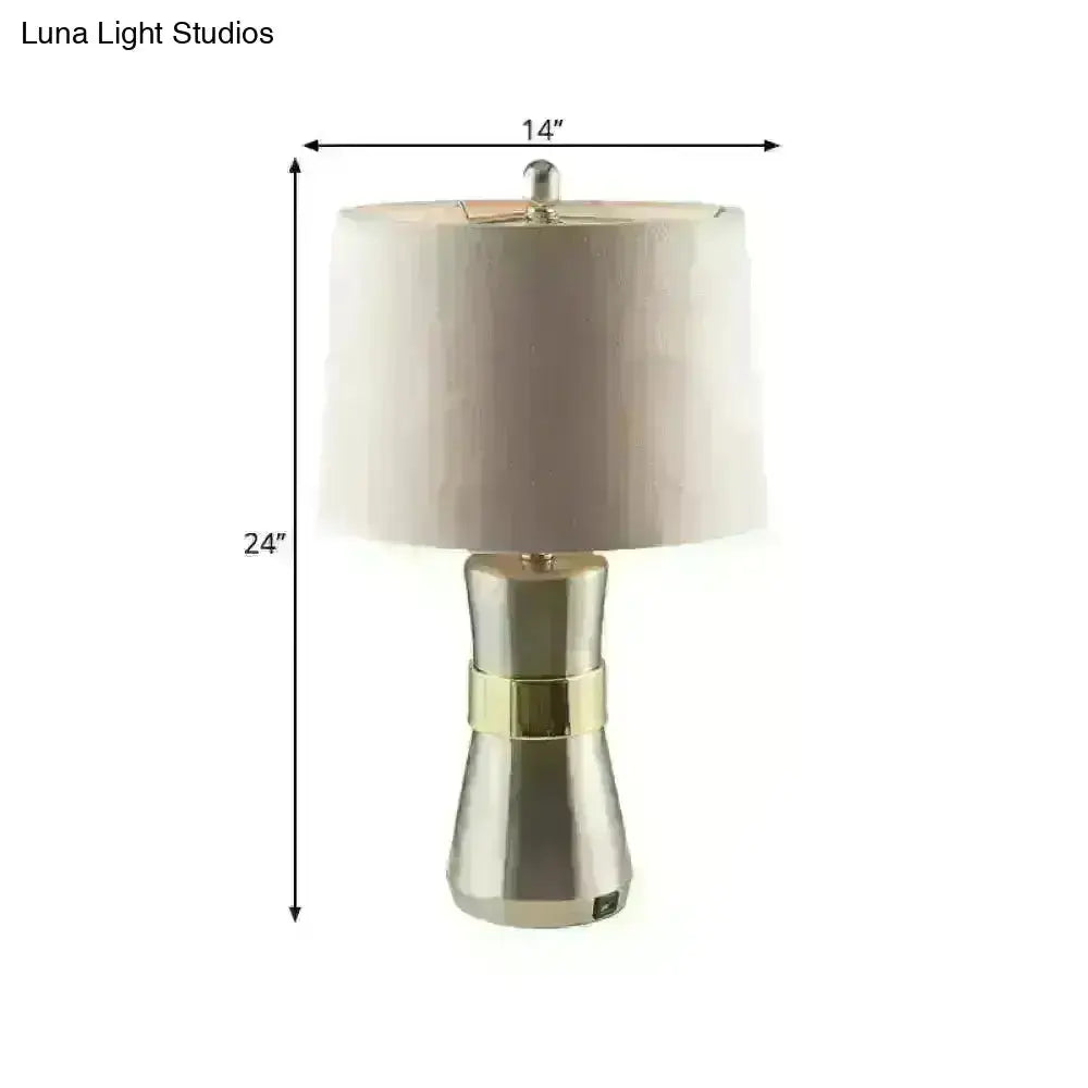 Monica - Contemporary Drum Shaped Table Lamp: Fabric Shade, Nickel Finish