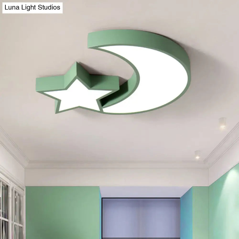 A Celestial Glow For Kids: Led Star And Moon Acrylic Flush Mount Ceiling Light Green / White