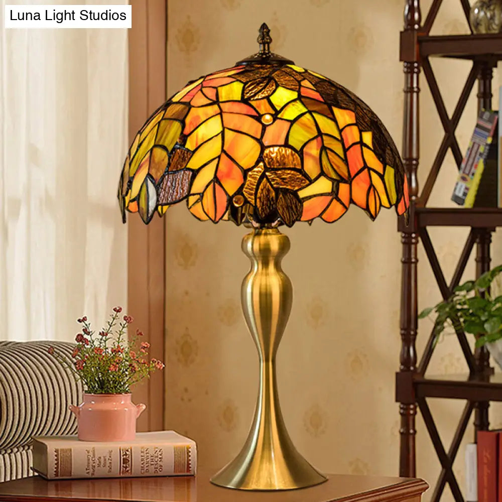 Baroque Gold 1-Light Leaf Pattern Night Lamp With Hand Cut Glass Table Lighting And Dome Shade