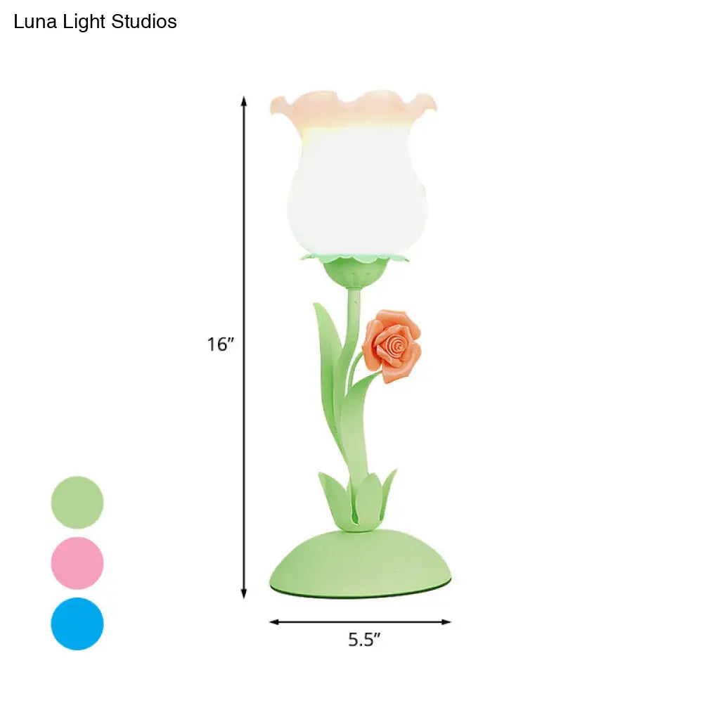 Pastoral Rose Bud Table Light - Opal Matte Glass Nightstand Lamp With Pink/Blue/Green Vine