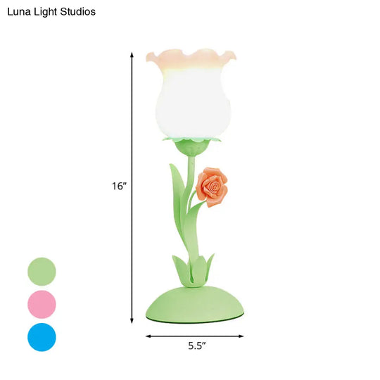 Pastoral Rose Bud Table Light - Opal Matte Glass Nightstand Lamp With Pink/Blue/Green Vine