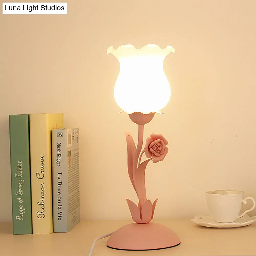 Pastoral Rose Bud Table Light - Opal Matte Glass Nightstand Lamp With Pink/Blue/Green Vine