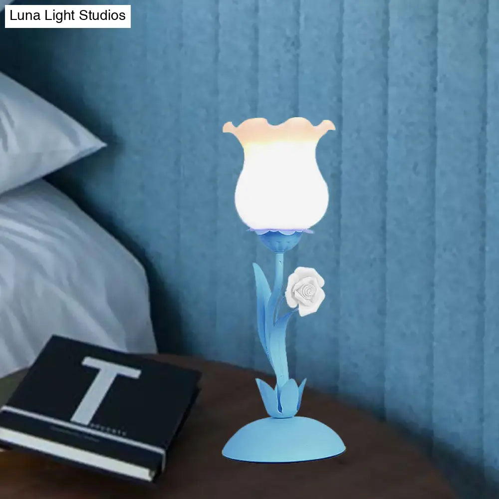 Pastoral Rose Bud Table Light - Opal Matte Glass Nightstand Lamp With Pink/Blue/Green Vine