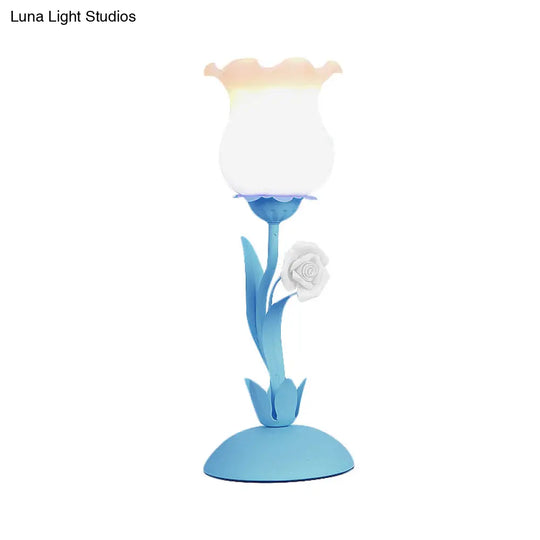 Acamar - Pastoral Rose Bud Table Light 1 Head Opal Matte Glass Nightstand Lamp With Pink/Blue/Green