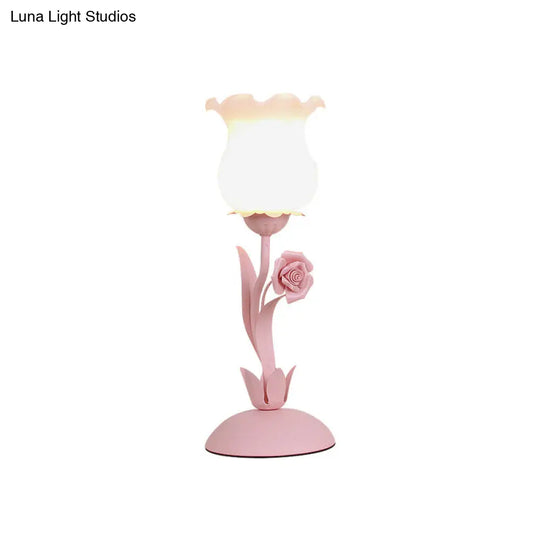 Pastoral Rose Bud Table Light - Opal Matte Glass Nightstand Lamp With Pink/Blue/Green Vine