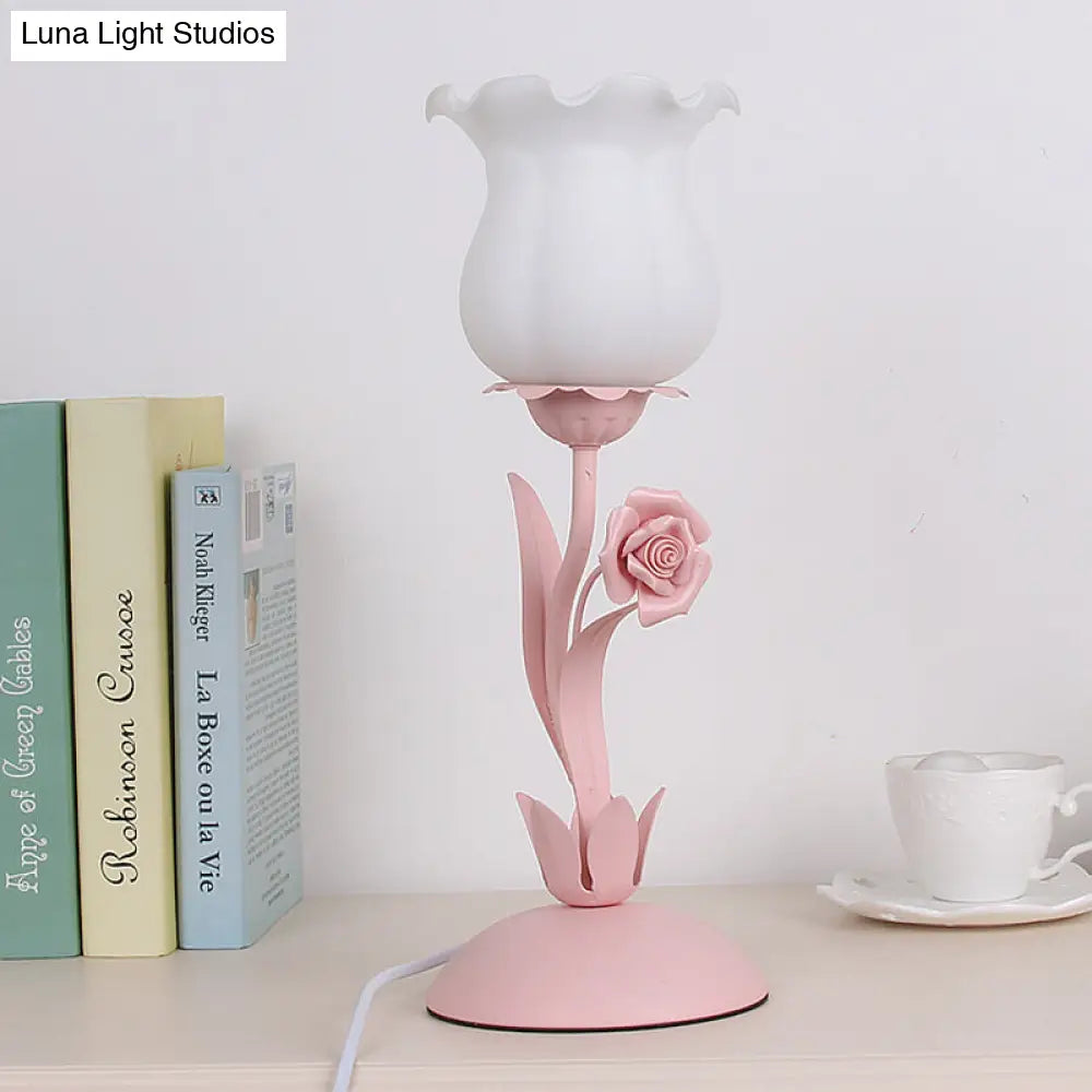 Pastoral Rose Bud Table Light - Opal Matte Glass Nightstand Lamp With Pink/Blue/Green Vine Pink