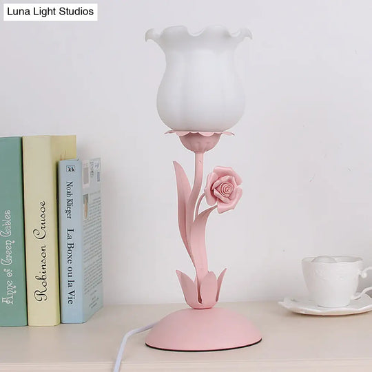 Pastoral Rose Bud Table Light - Opal Matte Glass Nightstand Lamp With Pink/Blue/Green Vine Pink