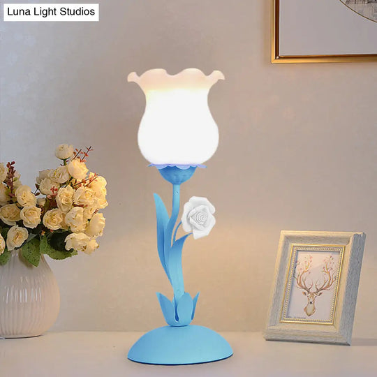 Pastoral Rose Bud Table Light - Opal Matte Glass Nightstand Lamp With Pink/Blue/Green Vine