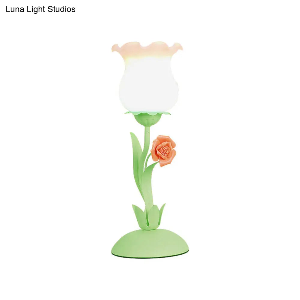 Pastoral Rose Bud Table Light - Opal Matte Glass Nightstand Lamp With Pink/Blue/Green Vine