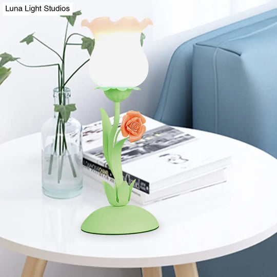 Pastoral Rose Bud Table Light - Opal Matte Glass Nightstand Lamp With Pink/Blue/Green Vine Green