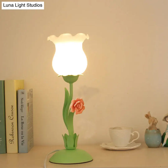 Pastoral Rose Bud Table Light - Opal Matte Glass Nightstand Lamp With Pink/Blue/Green Vine