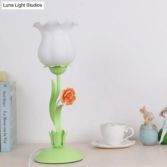 Pastoral Rose Bud Table Light - Opal Matte Glass Nightstand Lamp With Pink/Blue/Green Vine