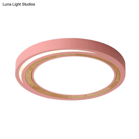 Acrylic Led Drum Ceiling Light For Kids’ Bedroom With Wood Ring - White/Pink/Green Flush Mount