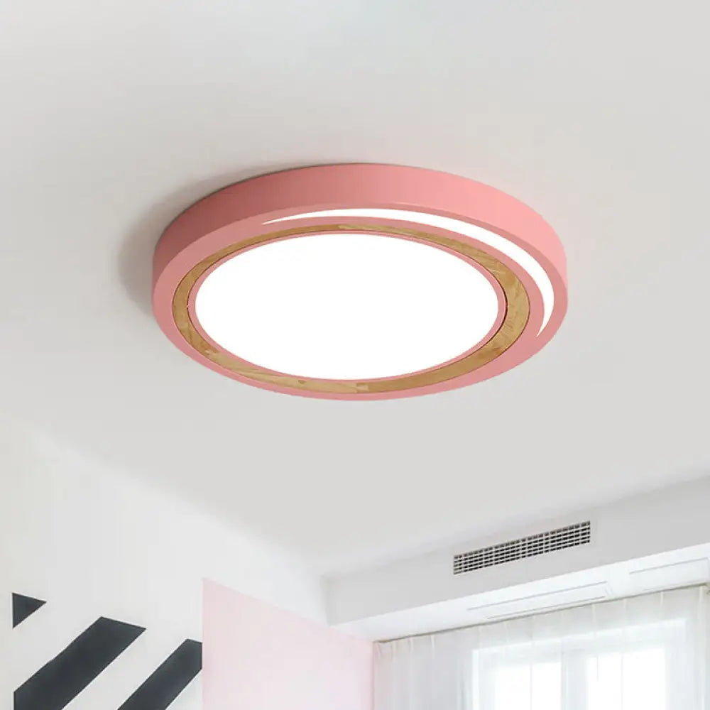 Acrylic Led Drum Ceiling Light For Kids’ Bedroom With Wood Ring - White/Pink/Green Flush Mount