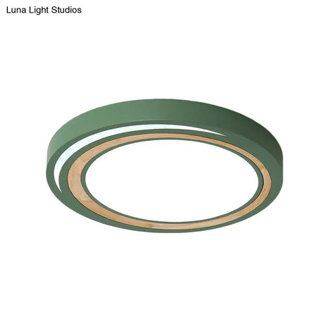 Acrylic Led Drum Ceiling Light For Kids’ Bedroom With Wood Ring - White/Pink/Green Flush Mount