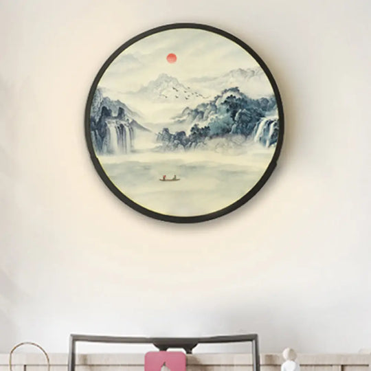 Acrylic Led Oriental Wall Lamp: Rounded Bedroom Mountain Design In Black